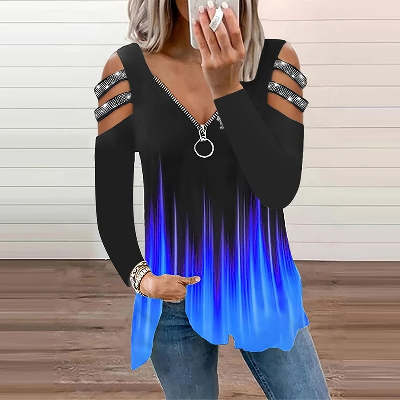 Gradient Color Zipper V Neck T – Summer Clothing Drop recenzja i cena