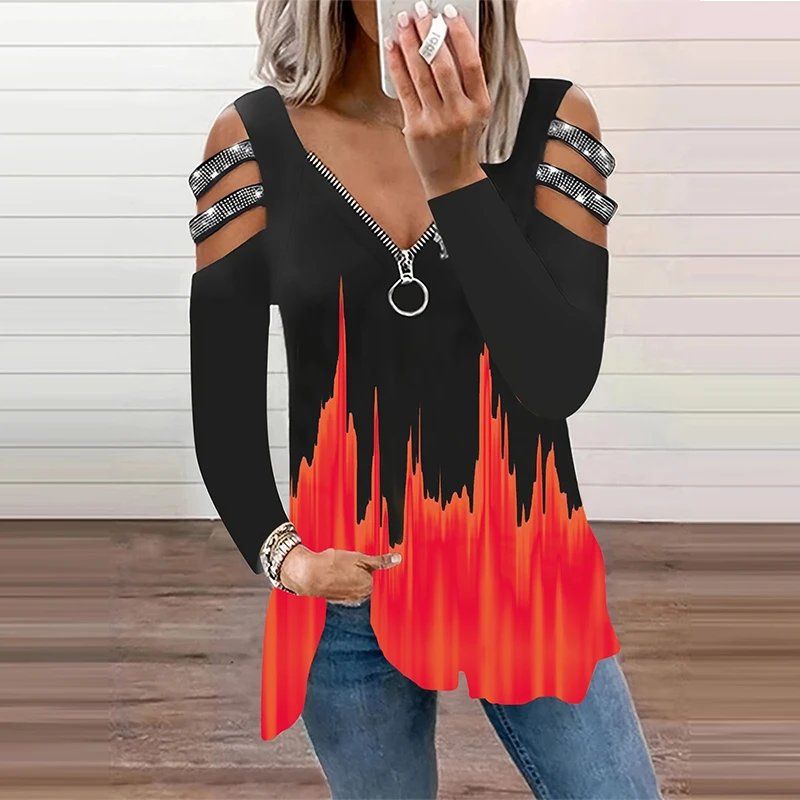 Gradient Color Zipper V Neck T – Summer Clothing Drop recenzja i cena