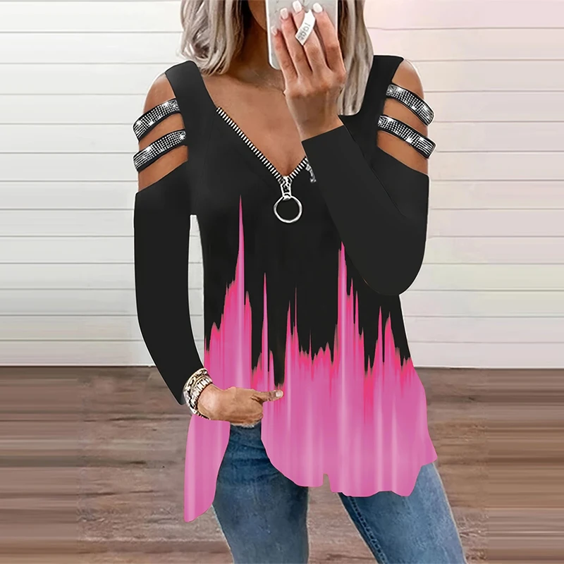 Gradient Color Zipper V Neck T – Summer Clothing Drop recenzja i cena