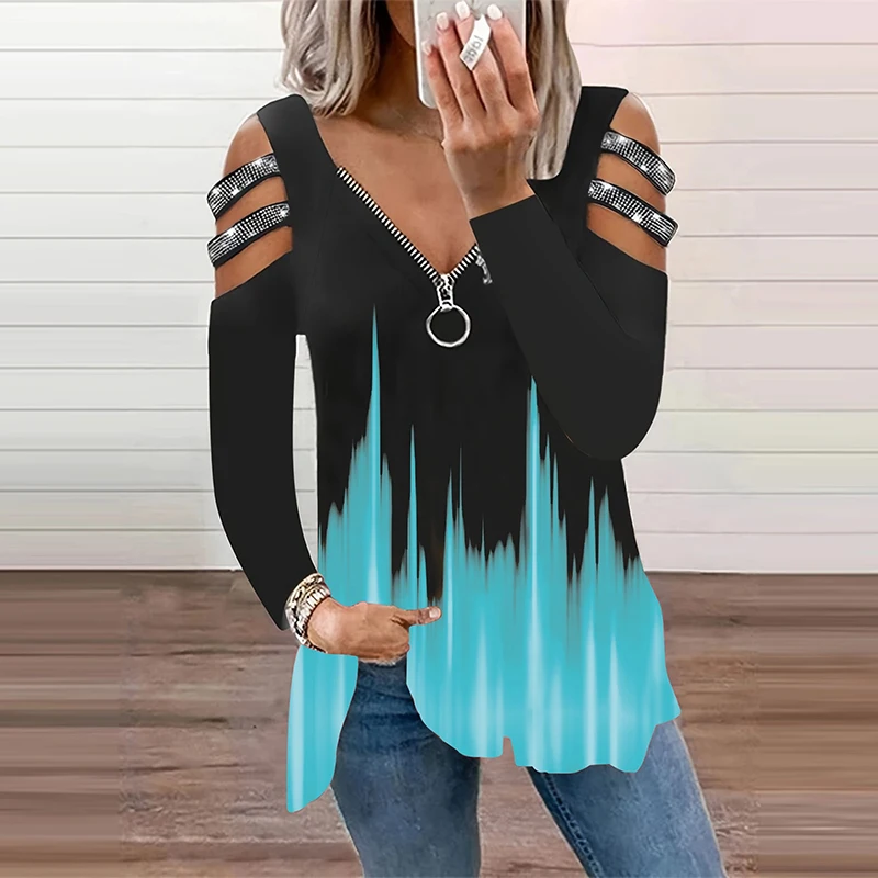 Gradient Color Zipper V Neck T – Summer Clothing Drop recenzja i cena