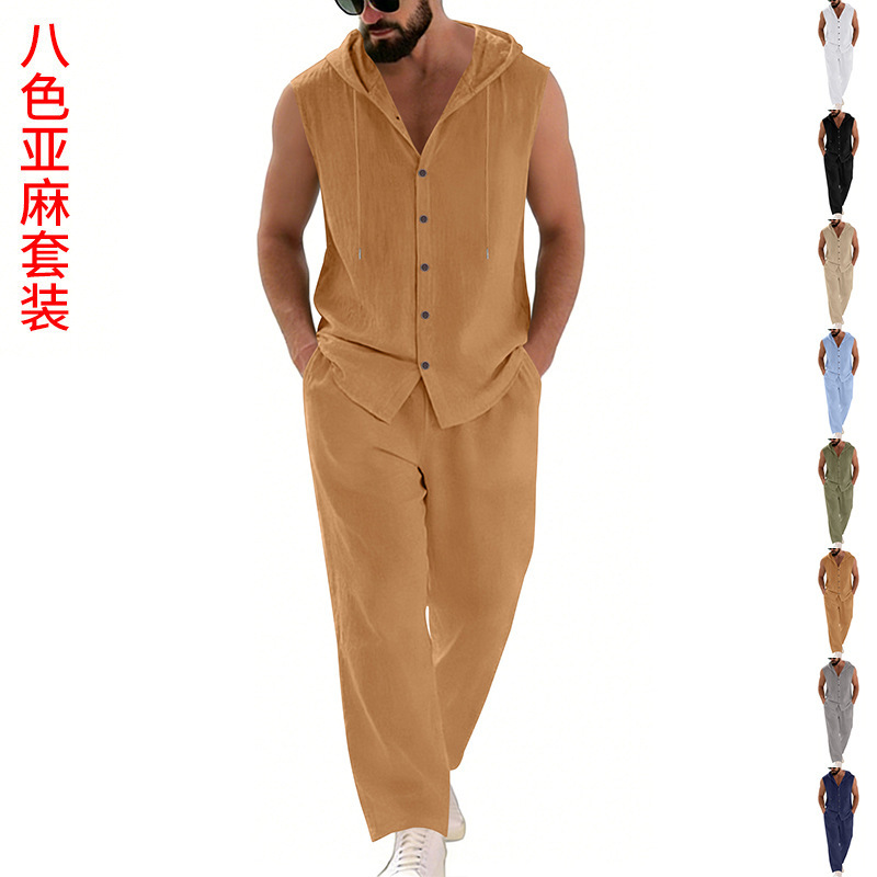 Men's Casual Linen Suit Hooded – Summer Clothing Sets Men recenzja i cena