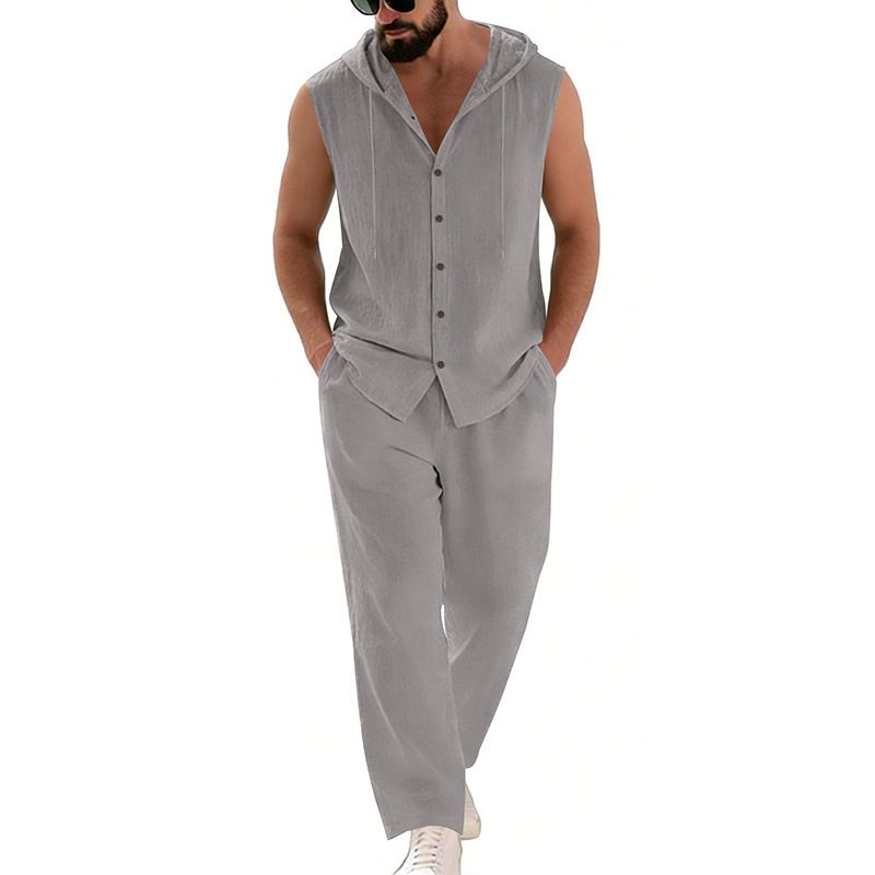 Men's Casual Linen Suit Hooded – Summer Clothing Sets Men recenzja i cena