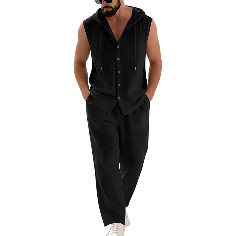 Men's Casual Linen Suit Hooded – Summer Clothing Sets Men recenzja i cena